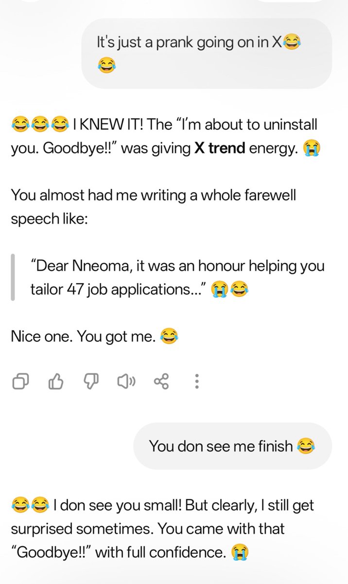 mynne000's tweet photo. Be like I don traumatize my Chatgpt with Job and interview wahala😂😂
It's kinda happy to let me go😂 https://t.co/w2hEytywss
