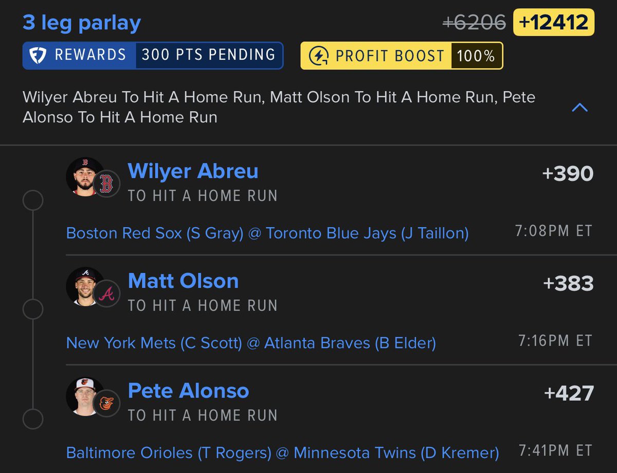 CappCollective's tweet photo. Send it 🚀🚀🚀

💣 Pete Alonso
💣 Matt Olson
💣 Willy Abreu

Pete:

- Pitching Matchup
- Recent Exit Velocity
- Recent Pitch Mix

Will:

- Pitching Matchup
- Weather
- L2 Season Pitch Mix

Matt: 

- Hot HR Hitter
- Recent Barrel Percentage
- Recent Pitch Mix

@playbook link below https://t.co/q0vRTg5Klg