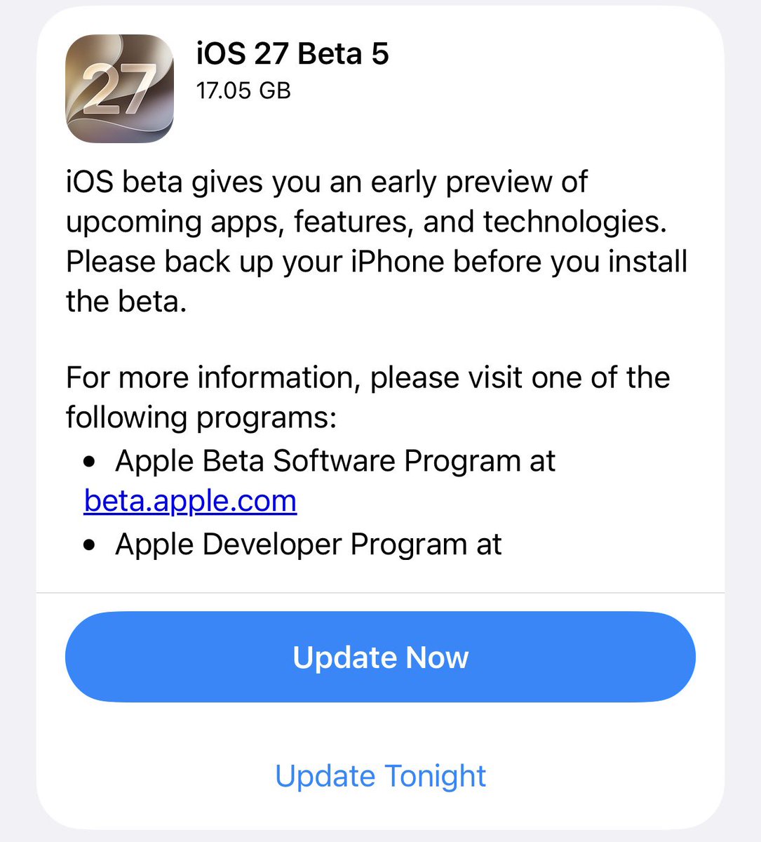 theapplehub's tweet photo. iOS 27 beta 5 is now available 🚨 https://t.co/GD7QITSVtg