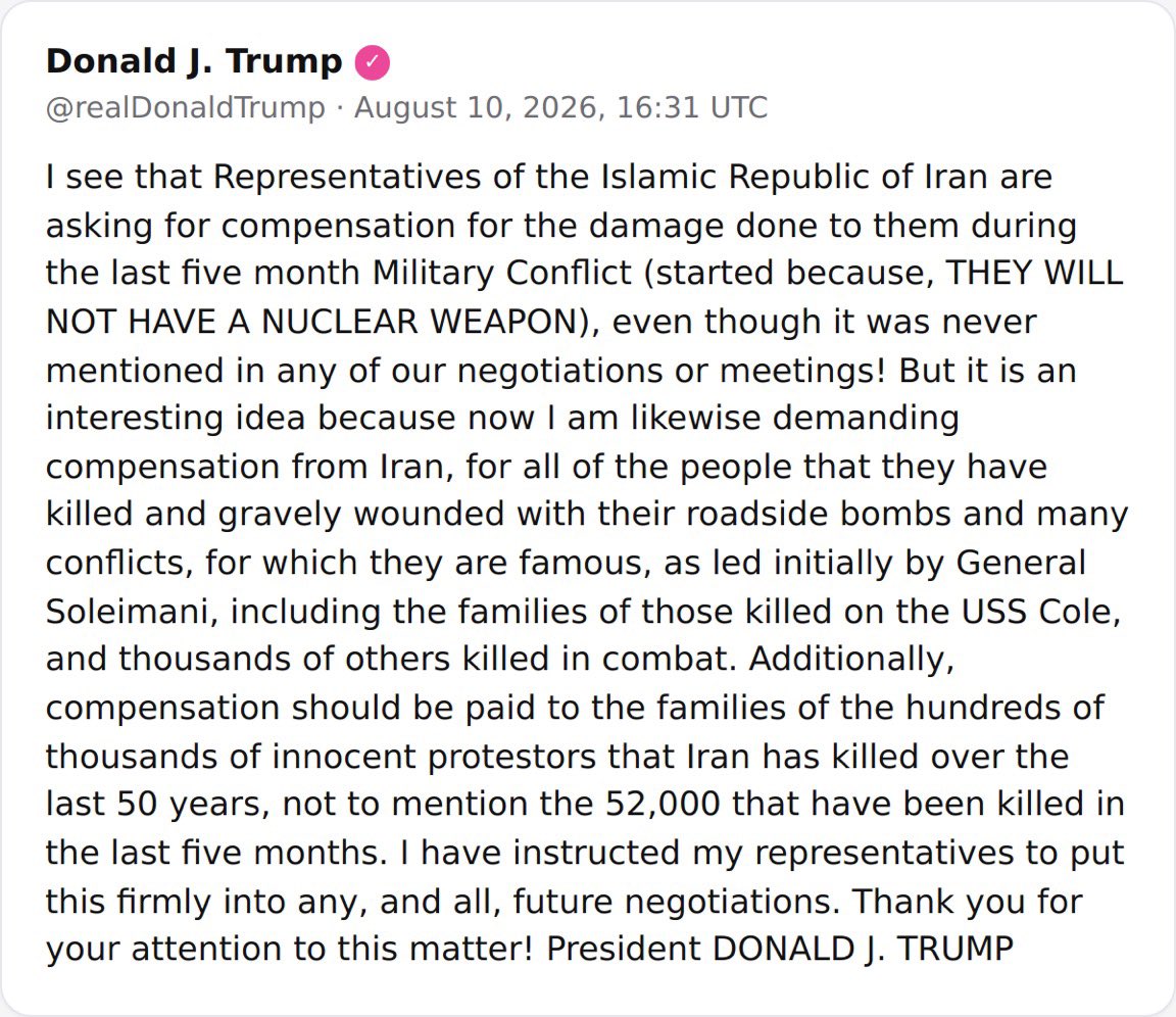 NiohBerg's tweet photo. President Trump is demanding compensation to the families of all the Iranian victims of the islamic regime.

I agree.

However, only regime chance can be the compensation Iran deserves. Our people sacrificed their lives for freedom, not for a nuclear deal or sanctions relief or anything else which allows the regime to survive.

Regardless, it's good to see that Trump hasn't forgotten about the main reason he prepared for war in the first place - the suffering Iranian people.