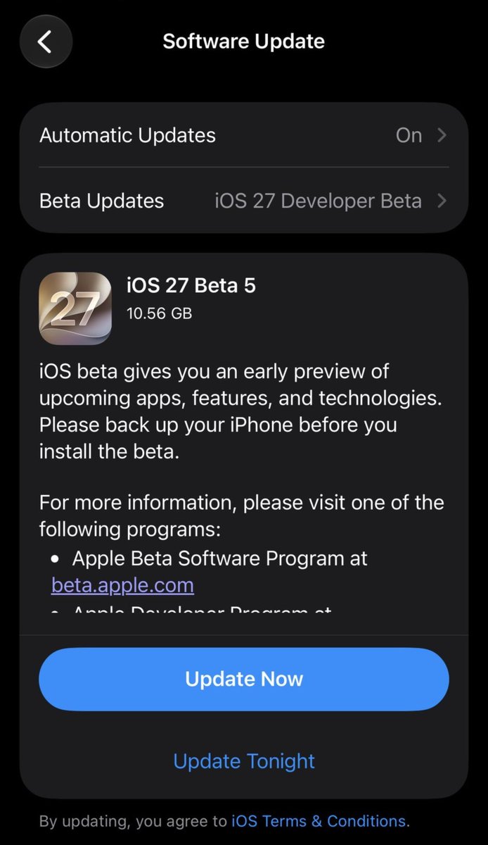 TechRoundtables's tweet photo. iOS 27 Beta 5 is FINALLY LIVE!
Apple has released the fifth beta of iOS 27 to developers and beta testers.
#iOS27 #Apple #iOS27Beta5 https://t.co/GTueu8MZFE