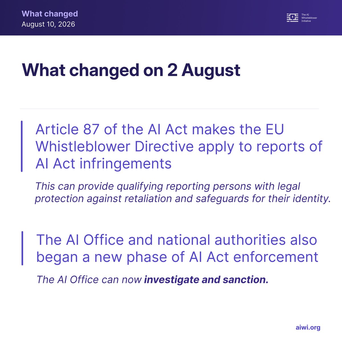 AIWI_Official's tweet photo. On 2 August 2026, the EU AI Act's enforcement phase began, and with it, a legal protection gap for AI insiders closed.

Article 87 of the AI Act now applies the EU Whistleblower Directive (2019/1937) to reports of AI Act infringements (Directive (EU) 2019/1937 shall apply to the reporting of infringements of this Regulation and the protection of persons reporting such infringements), giving qualifying reporting persons legal protection against retaliation and identity safeguards. At the same time, the AI Office and national authorities entered a new phase of enforcement, with the power to investigate and sanction.

Here's what AI insiders and "reporting persons" need to know: who qualifies, what standard of proof applies, how to report, and why we strongly recommend legal counsel before you do.

AIWI can connect you with pro bono lawyers experienced in high-stakes whistleblowing cases across jurisdictions → https://t.co/rVUMEnDK68

#AIWI #AIWhistleblower #EUAIAct #Article87 #AIGovernance #WhistleblowerProtection #AIAccountability #AIOffice #ResponsibleAI #AIPolicy #AISafety
