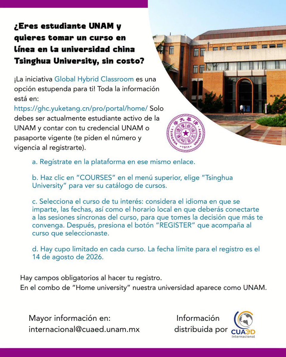 unam_psicologia's tweet photo. Si eres estudiante de la UNAM, participa en la convocatoria para cursar asignaturas en línea, sin costo, en Tsinghua University, a través de la iniciativa Global Hybrid Classroom. 📷
¡Tienes hasta 14 de agosto!
Consulta la convocatoria y participa. https://t.co/JXMDyBEXxN