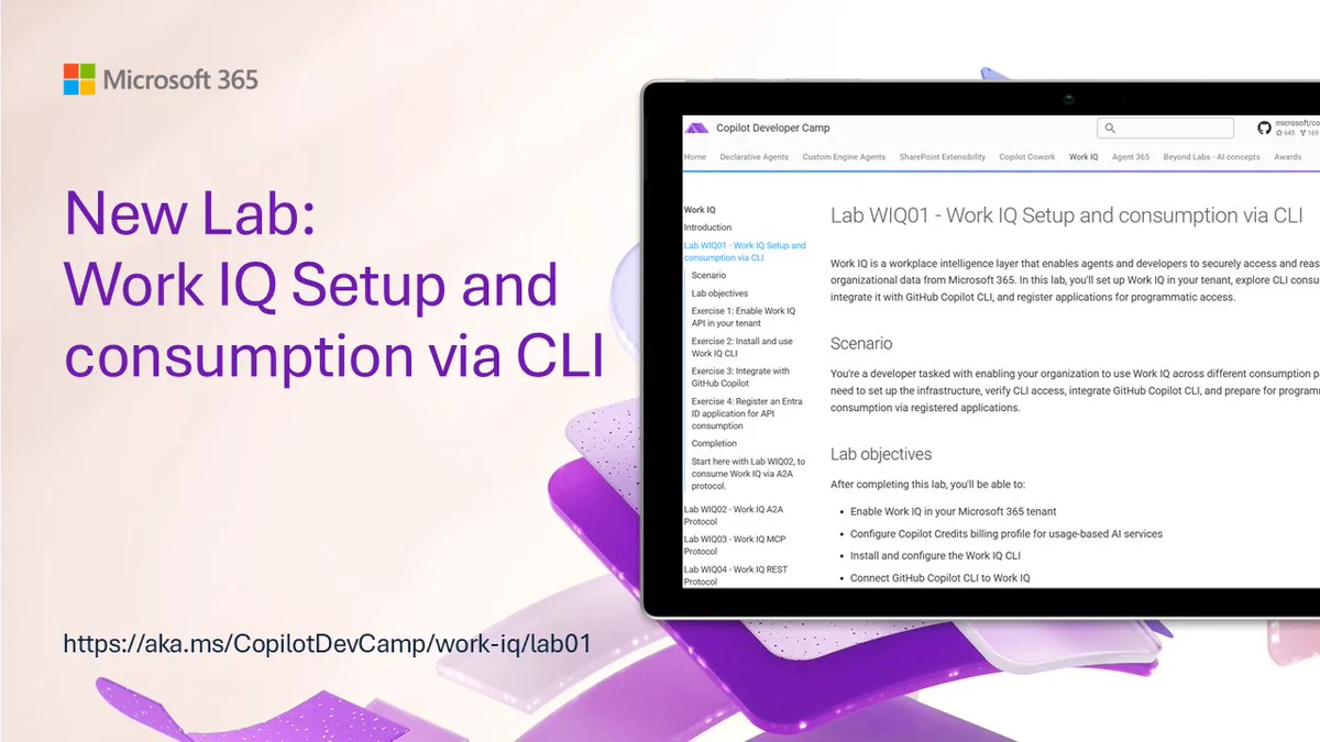 A digital display showing a webpage titled 'New Lab: Work IQ Setup and consumption via CLI'. It lists a scenario and lab objectives related to Microsoft's Copilot Developer Camp. A Microsoft 365 logo and URL are visible.