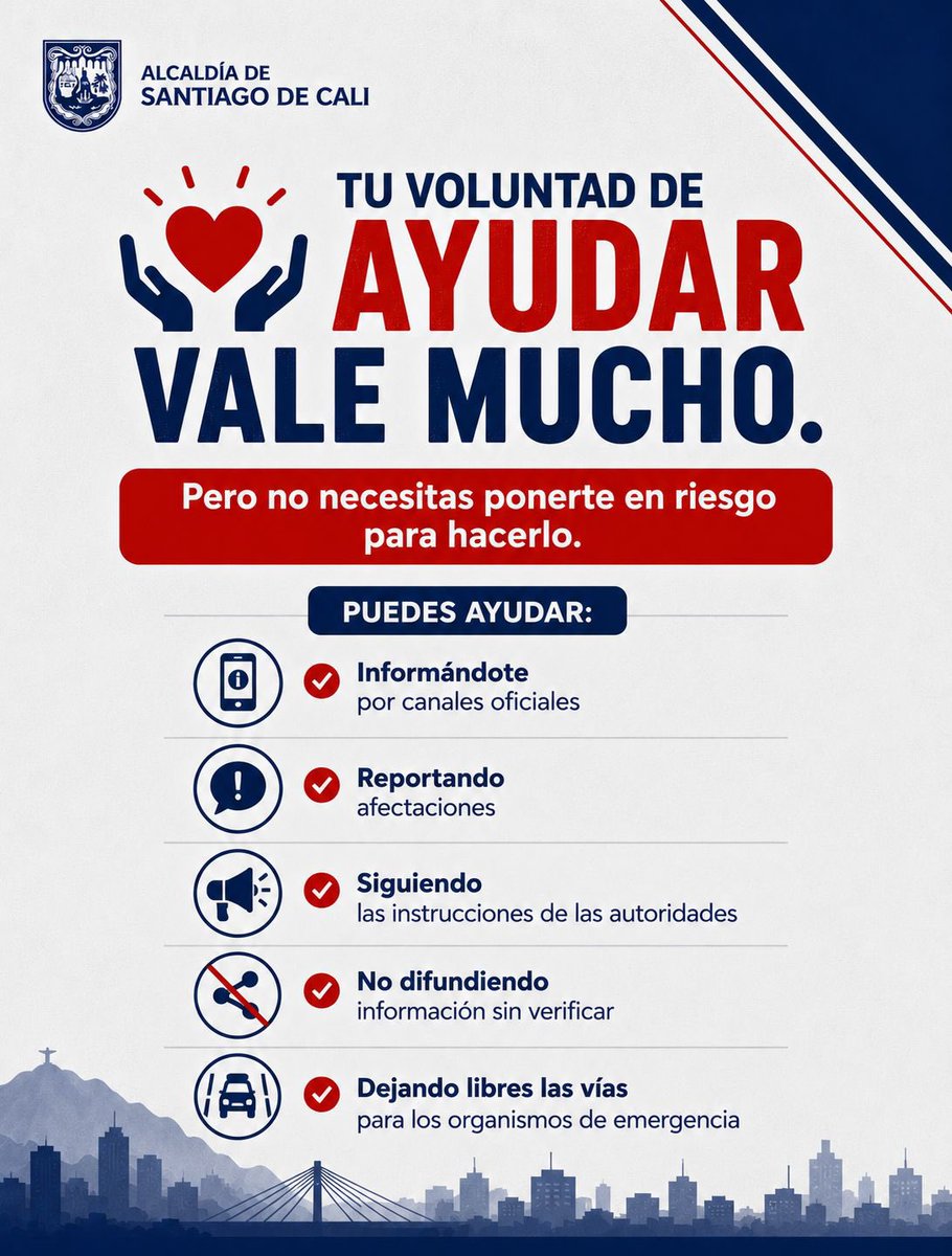 AlcaldiaDeCali's tweet photo. Ayuda sin ponerte en riesgo. ⚠️ 

Después de una emergencia, las ganas de ayudar nos mueven. Pero ingresar a estructuras afectadas, acercarse a zonas inestables o desplazarse hacia los lugares de atención puede poner en riesgo tu vida y la de quienes la necesitan https://t.co/QvQvXrMpV2