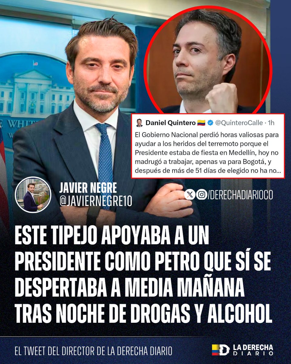 DerechaDiarioCO's tweet photo. 🚨🇨🇴🇪🇸 | JAVIER NEGRE BASADÍSIMO: El director de La Derecha Diario destruyó al corrupto exalcalde de Medellín, Daniel Quintero, después de que este miserable aprovechara la tragedia nacional para atacar a Abelardo y acusarlo de abandonar la emergencia.

“Hay que ser un tremendo HDP para decir esto de Abelardo de la Espriella, quien ha asumido el liderazgo de la tragedia desde el primer momento. Este tipejo apoyaba a un presidente como Petro que sí se despertaba a media mañana tras noche de drogas y alcohol.”