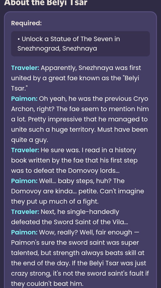 luluraemi's tweet photo. traveler and paimon voice lines about belyi tsar, monomakh

im crying they were assuming his hair color being white and that is the reason on why he was powerful to begin with 😭 https://t.co/kfoQYmr8uS
