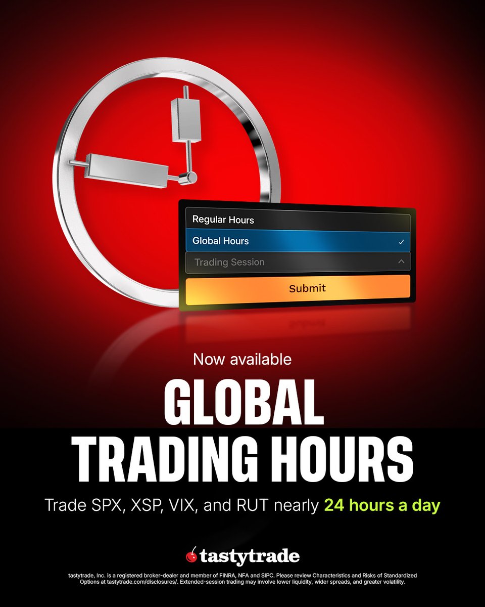 tastytrade's tweet photo. SPX. VIX. XSP. RUT. Now trading nearly 24/5 on tastytrade — Global Trading Hours is live across all platforms. Act on overnight news and macro moves the moment they happen, not the morning after. https://t.co/y0ug4uDYJZ https://t.co/qeUXKYHXfq