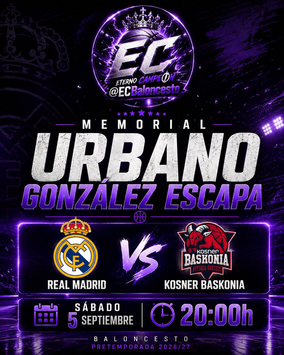 EcBaloncesto's tweet photo. El Real Madrid se estrena en pretemporada en el Memorial Urbano González Escapa.

⚔️ Real Madrid 🆚 Kosner Baskonia
📅 Sábado 5 de septiembre
🕗 20:00h

Primer test para los pupilos de Pedro Martínez. https://t.co/FYiJoxGIbB