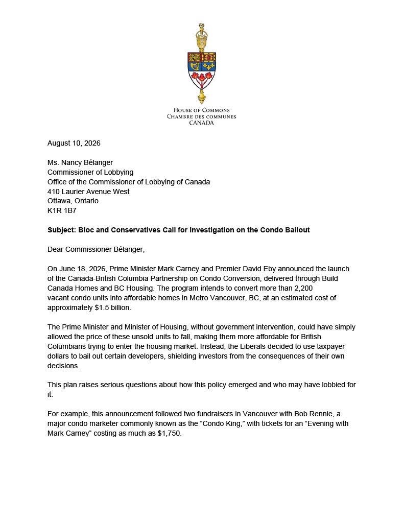 AaronGunn's tweet photo. Did Mark Carney and the Liberal government break the law?

This morning, I sent a joint letter, along with Bloc MP Luc Thériault, to the Lobbying Commissioner requesting an investigation into the billion-dollar developer bailout in British Columbia.

Instead of allowing condo prices to moderate, the federal Liberals and provincial NDP used taxpayer money to bail out their wealthy developer friends, keeping housing unaffordable and out of reach for the average Canadian.

There are still so many unanswered questions about this sudden and unexpected policy announcement: Where did it come from? Who petitioned the government for it? Who stands to benefit? And did unregistered, and potentially illegal, lobbying for this bailout occur? 

Canadians deserve answers and transparency—not another Liberal cover-up.

Read my letter here below: 👇