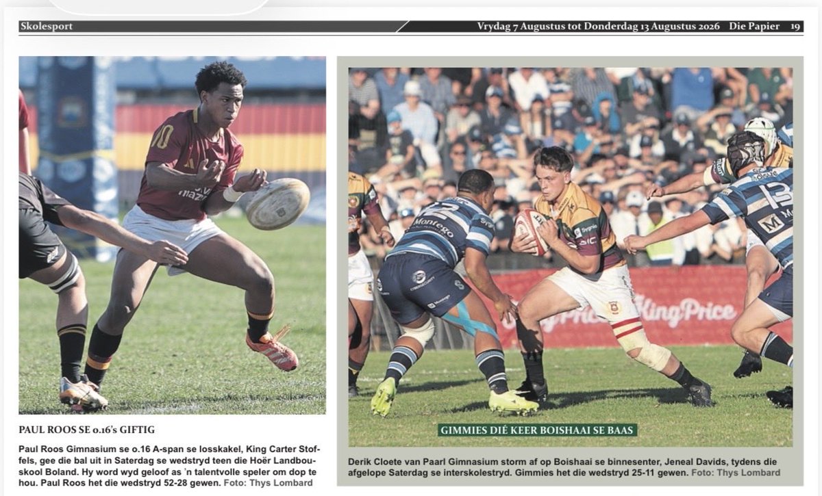 ThysLombard's tweet photo. Two of my #schoolsrugby #actionpics in Die Papier this weekend! More of the same this coming weekend when #PaulRoos and #GreyBloem lock horns in Stellenbosch! https://t.co/OAoj4M8boW