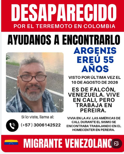 ReporteYa's tweet photo. #10Ago #Colombia #Terremoto
Desaparecido venezolano en Pereira, Colombia, tras el terremoto https://t.co/hxSCWWOPda
