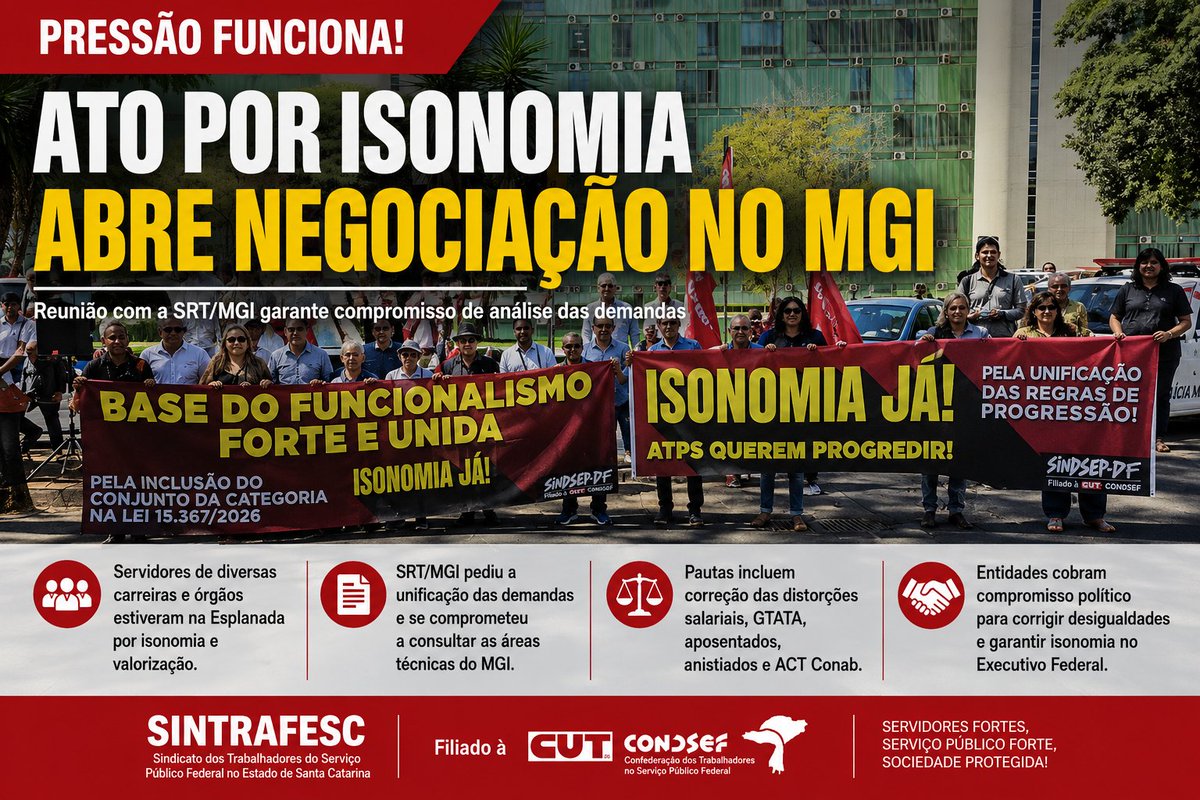 Sintrafesc's tweet photo. Sindsep-DF convocou ato por isonomia, com articulação da Condsef/Fenadsef e apoio das entidades  filiadas. A pressão abriu negociação no MGI. Leia +: https://t.co/troEXLzle8 https://t.co/MAnKVGxJjv