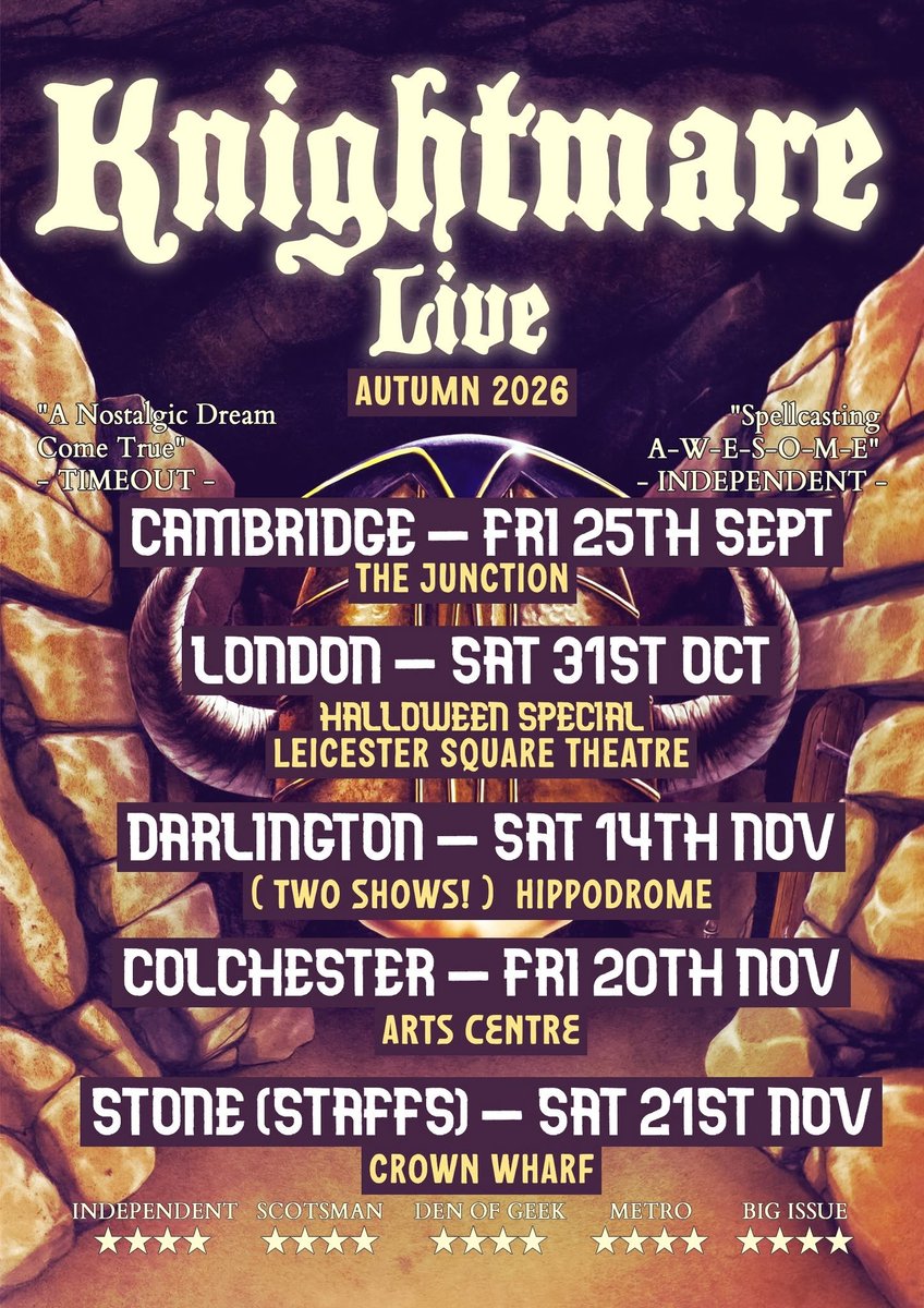 KnightmareUK's tweet photo. Autumn '26 awaits 
With Knightmare Live on many dates 
Respite from a world gone mad 
Let dungeoneering make thee glad https://t.co/UgmA9mddfv
