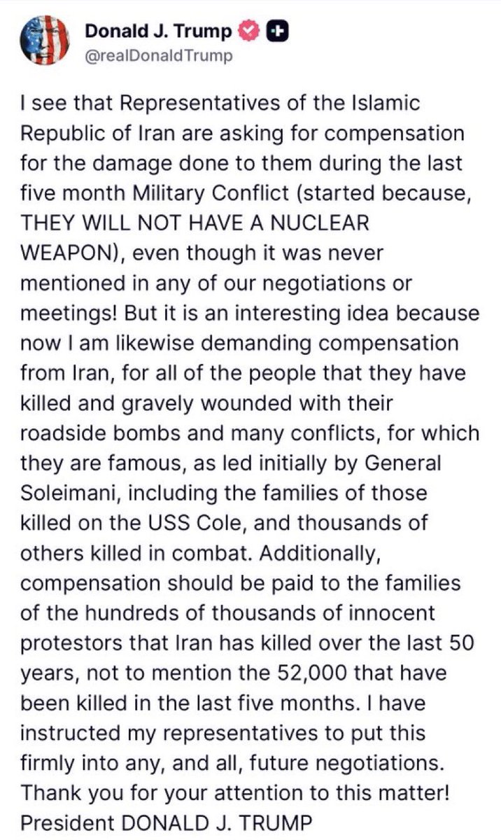 ArAmonshi's tweet photo. @realDonaldTrump 
Hello Mr.President, regarding this post; i would like to say,
Compensation cannot be selective. Iran should compensate the Gulf countries for the damage caused by its direct attacks and by its proxies operating from Iraq and elsewhere in the region. Justice requires equal accountability for every victim of Iranian aggression.