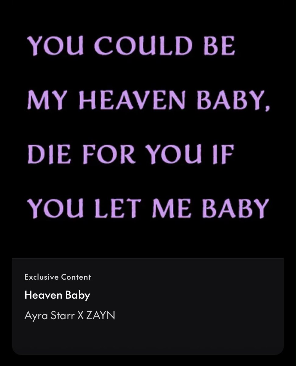 choosezaynbr's tweet photo. MEU DEUS! Zayn postou na VIP Key um trecho de sua colaboração com Ayra Starr! 👀

“You could be
my heaven, baby,
die for you if
you let me, baby.”

Tradução:

“Você poderia ser
meu paraíso, baby,
eu morreria por você
se você deixasse, baby.” https://t.co/Ly2AgJsAzQ
