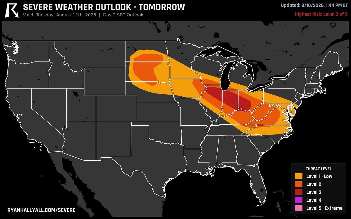 ryanhallyall's tweet photo. Indiana, Illinois, and Ohio just got bumped up to a Level 3 risk for tomorrow, a step up from where this same stretch sat yesterday. The trigger is a cluster of storms rolling out of Iowa before sunrise that's expected to push southeast into a very unstable atmosphere, with gusts over 75 mph possible if that cluster stays organized. A second round of damaging wind could fire up again into Kentucky and West Virginia by evening.
