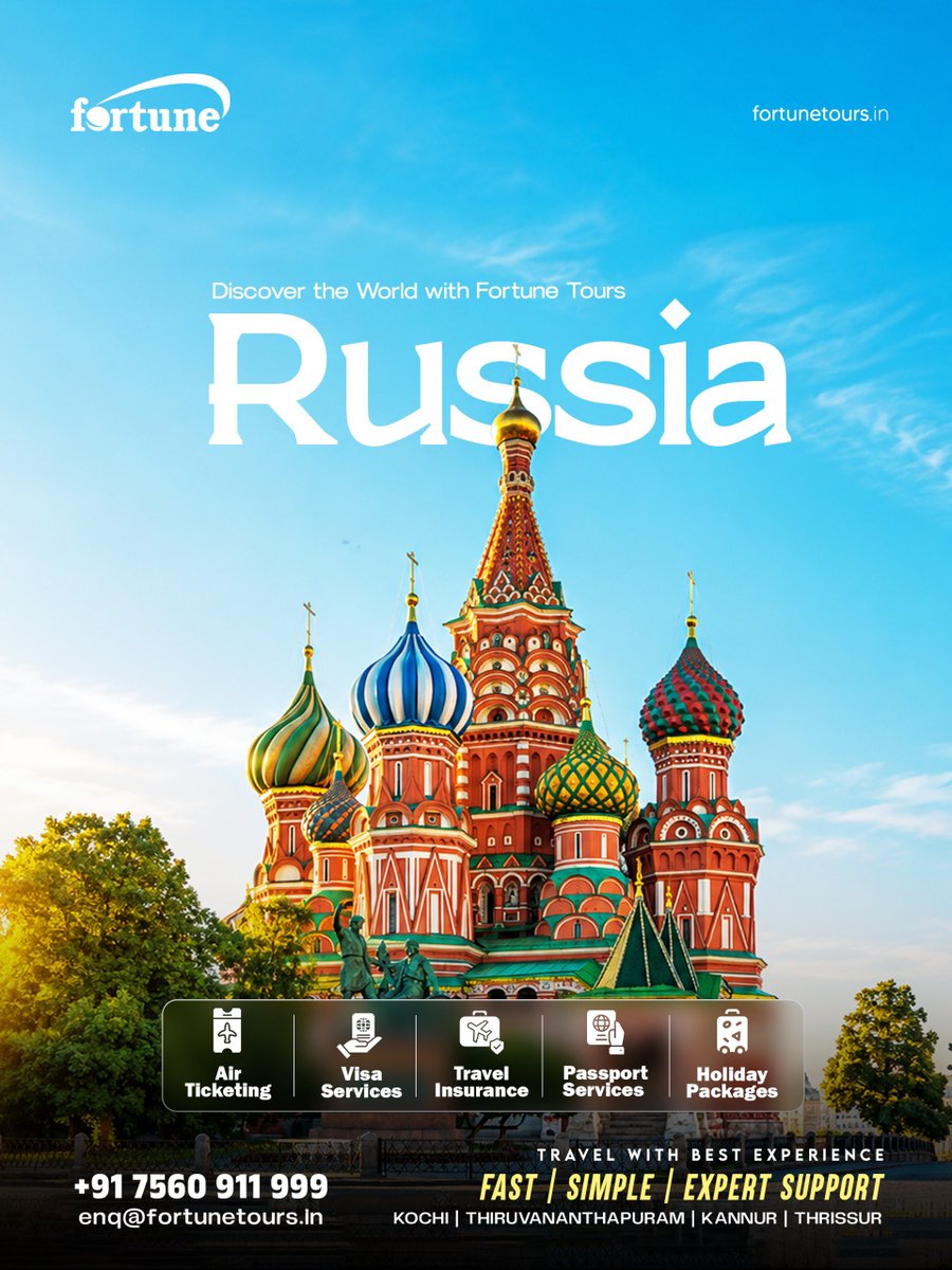 fortune_to10070's tweet photo. Experience the grandeur, culture, and timeless beauty of Russia with Fortune Tours.
📞 +91 7560 911 999
📧 enq@fortunetours.in
#FortuneTours #RussiaTravel #ExploreRussia #RussiaTour #Moscow #TravelRussia #VisaServices #AirTicketing #TravelInsurance #PassportServices https://t.co/RLHUz67GDy