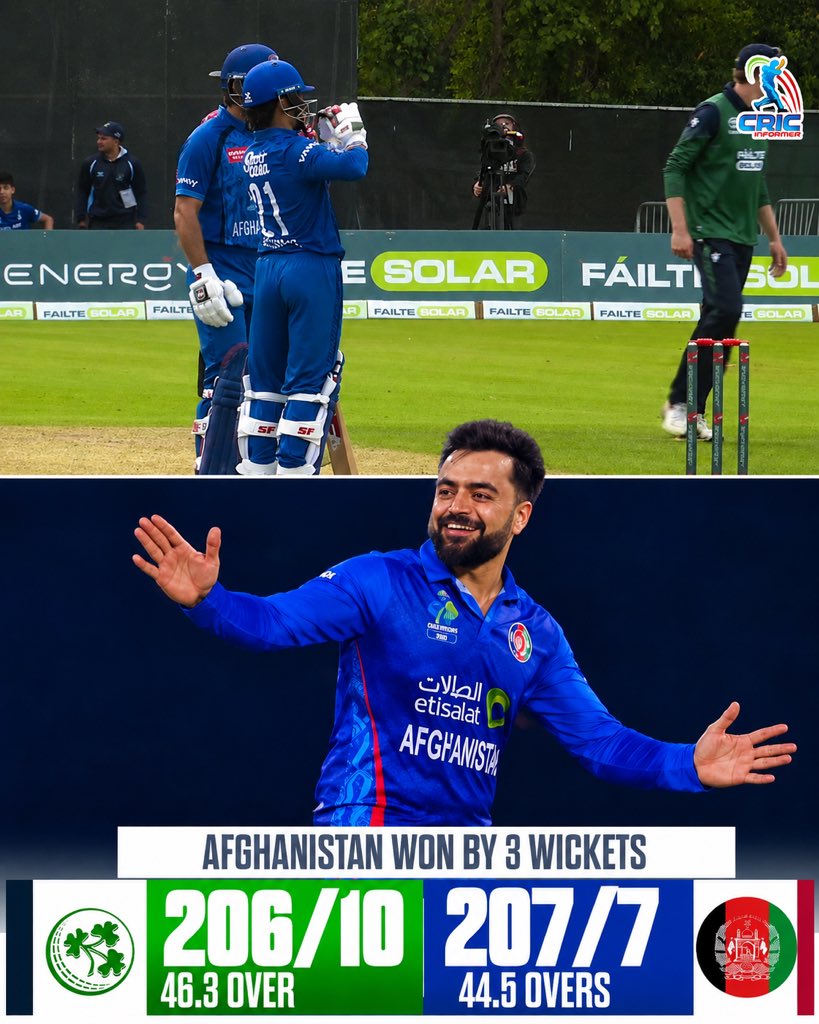 CricInformer's tweet photo. 🔥 AFGHANISTAN HAVE THE FINAL SAY IN BELFAST! 🇦🇫
Gavin Hoey’s brilliant 4-wicket haul wasn’t enough as Rahmanullah Gurbaz stepped up as the hero, powering Afghanistan to a thrilling 3-wicket victory over Ireland!
#IrevsAfg https://t.co/FjGpfeD5R8