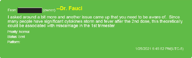 SenRonJohnson's tweet photo. NEW: Dr. Fauci was concerned in January 2021 that the second dose of the COVID shot “theoretically could be associated with miscarriage in the 1st trimester.”
 
@SenRandPaul and I released the texts between Anthony Fauci, Rochelle Walensky, and Vivek Murthy below.
 
While I’ve been conducting oversight for years, now that we have the documents and Fauci’s government-issued phone, my investigation has only just begun.