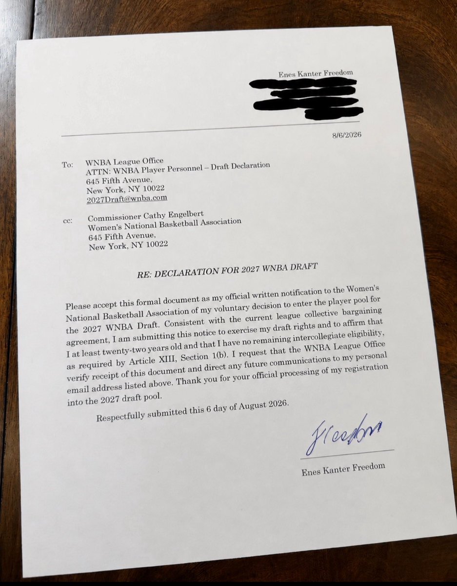 robbystarbuck's tweet photo. Big news: Enes Kanter has officially sent the WNBA her formal letter declaring for the @WNBA draft. Congrats to Miss Kanter, the strongest, bravest young woman I know! 🏀⛹️‍♀️@EnesFreedom https://t.co/WO2dEToUXk
