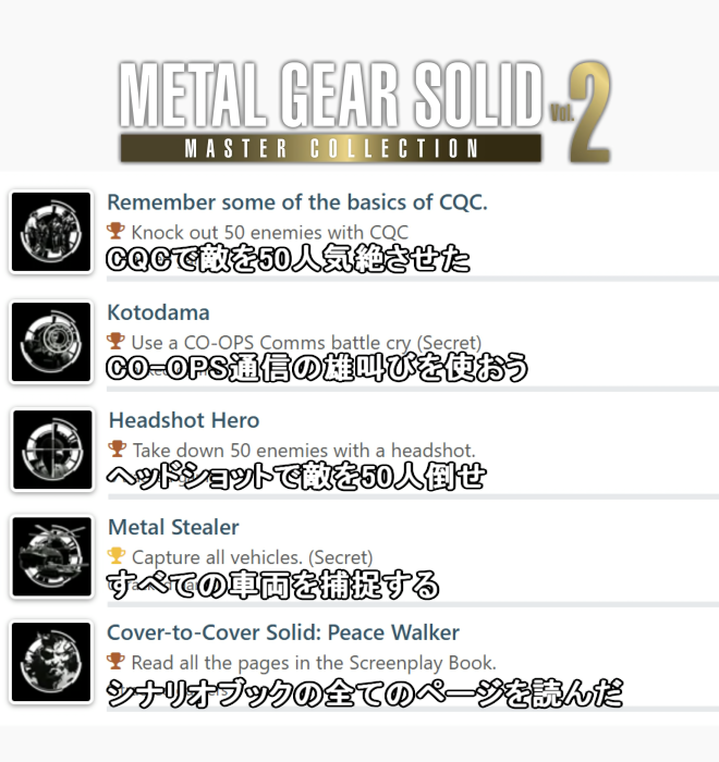 HEITAIs's tweet photo. マスターコレクションVol.2版のMGSPWのトロフィーですが、2011年のHD版にあったCO-OPS関連のトロフィーが４つ変更され、新たにオフラインで取得可能な物に変更されているんですね

HD版にあったトレードのトロフィーは、交換するには色々面倒な仕様で取得が難しかったのでありがたい変更かもしれません https://t.co/7NSJ6COqJm