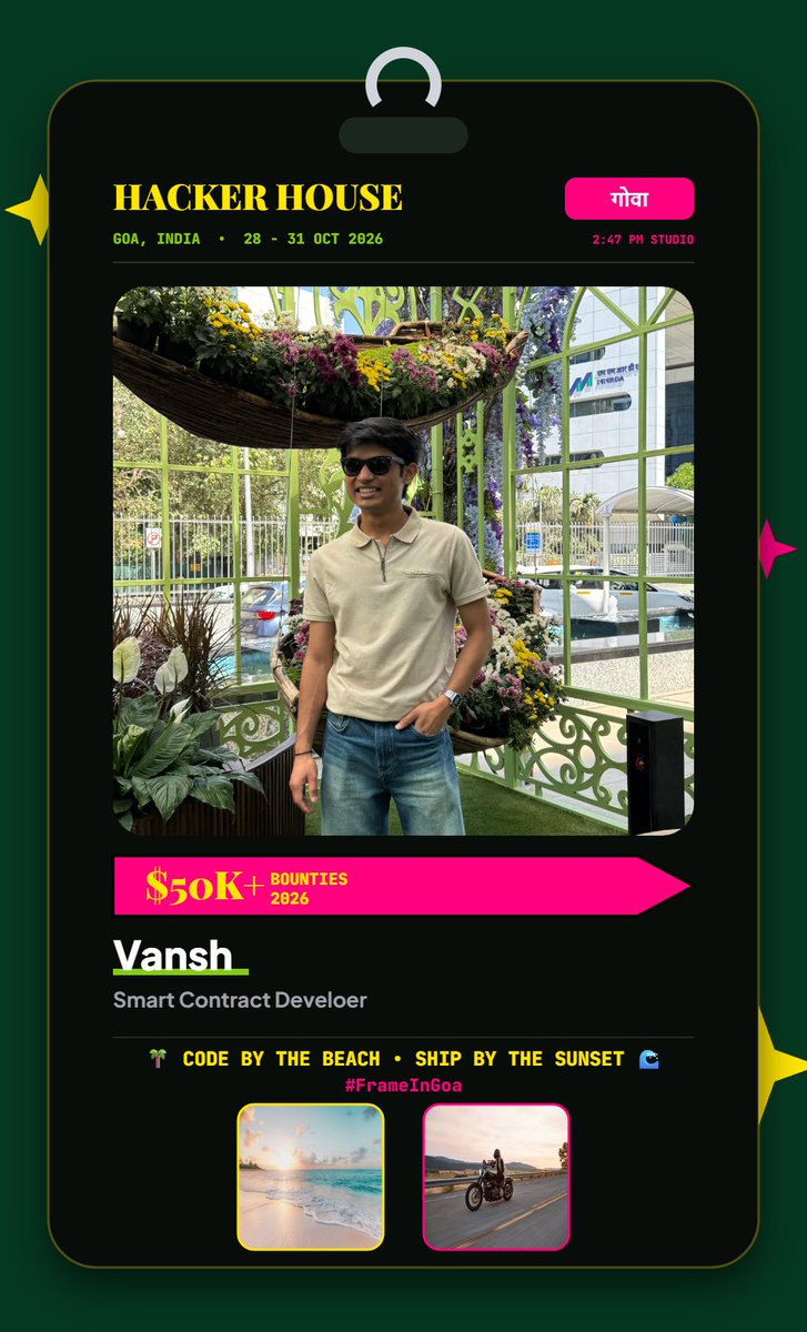 vansh_web3's tweet photo. 🌴 Heading to Hacker House Goa 2026?
        @247pmstudio 

Get your official Builder Pass & custom PFP overlay ready before landing in Goa!
 
Code by the beach, ship by the sunset. 🏖️
Generate yours now ➡️ https://t.co/3z2pDvi8yn

Team :- FactorFlow💪
@AkshadGujarkar X @ChaitanyaKewale X @vansh_web3

 #FrameInGoa #HHGoa2026 #Web3 #Builders