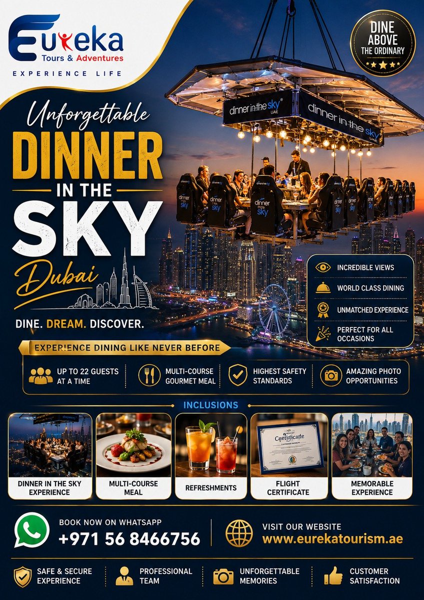 _A_i_8's tweet photo. Experience Dinner in the Sky 🍽️🌆
A once-in-a-lifetime dining experience suspended high above the city, offering breathtaking views and gourmet cuisine with Eureka Tourism ✨
#DinnerInTheSky #DubaiExperience #EurekaTourism #LuxuryDining #VisitDubai #UniqueExperience https://t.co/rnotrs9YfR