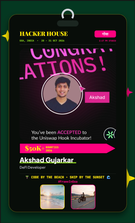vansh_web3's tweet photo. 🌴 Heading to Hacker House Goa 2026?
        @247pmstudio 

Get your official Builder Pass & custom PFP overlay ready before landing in Goa!
 
Code by the beach, ship by the sunset. 🏖️
Generate yours now ➡️ https://t.co/3z2pDvi8yn

Team :- FactorFlow💪
@AkshadGujarkar X @ChaitanyaKewale X @vansh_web3

 #FrameInGoa #HHGoa2026 #Web3 #Builders
