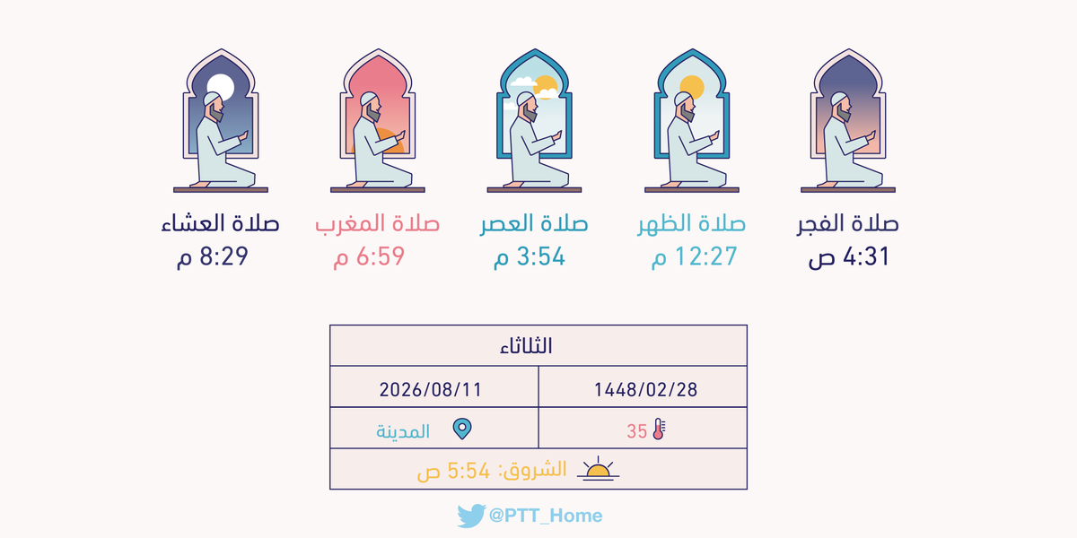 PTT_Medina's tweet photo. مواقيت الصلاة ليوم غد الثلاثاء ب #المدينة_المنورة : الفجر(4:31 ص) الظهر(12:27 م) العصر(3:54 م) المغرب(6:59 م) العشاء(8:29 م) https://t.co/68QHev7rWd