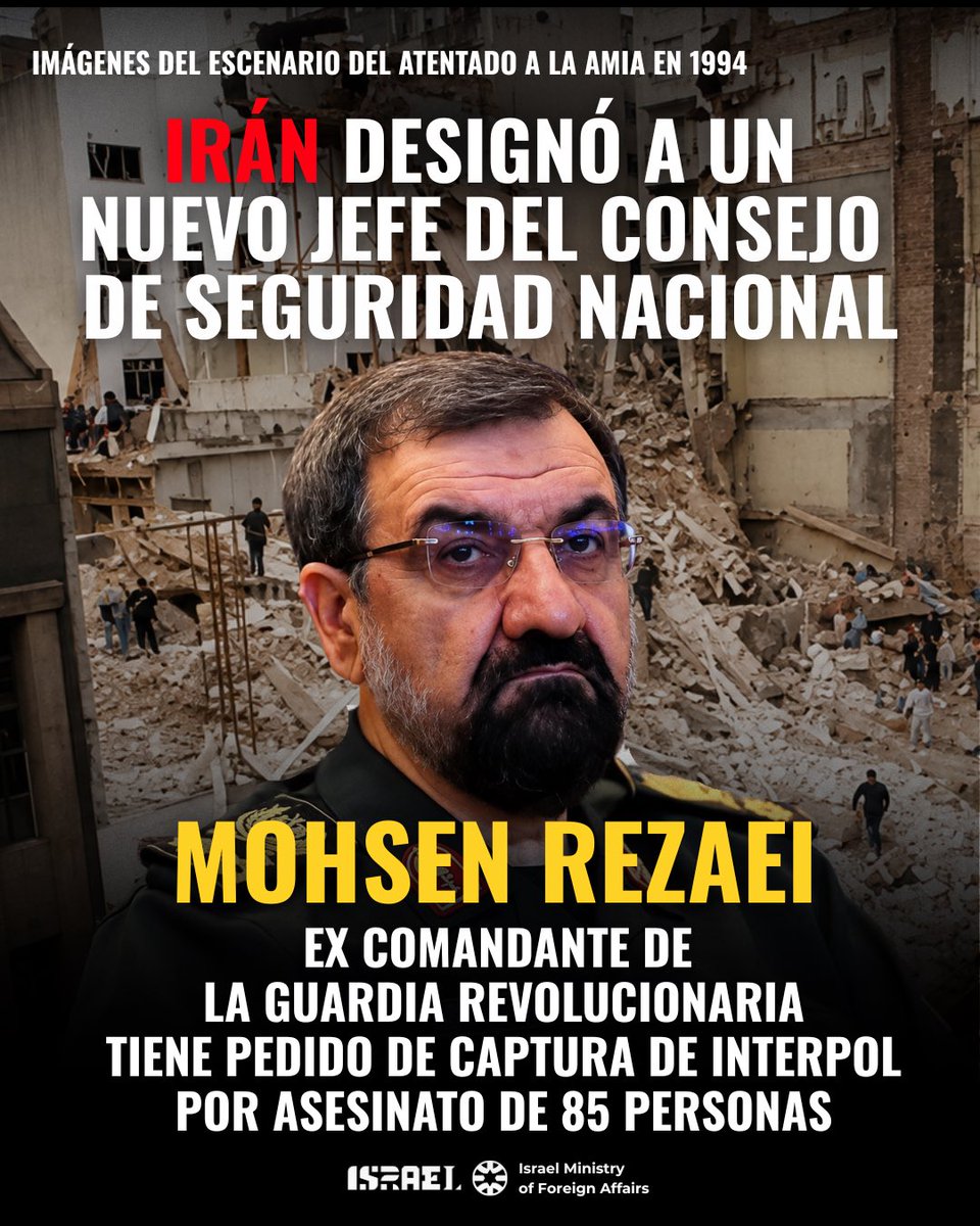 IsraelinSpanish's tweet photo. El régimen iraní ha asignado a Mohsen Rezaei a su Consejo Supremo de Seguridad Nacional.

Un excomandante de la Guardia Revolucionaria Islámica, Rezaei tiene una orden de Interpol por su responsabilidad en el atentado de 1994 contra el centro comunitario judío AMIA en Buenos Aires, que asesinó a 85 personas.

El régimen iraní adora el terrorismo, recompensa a sus arquitectos y los asciende a los niveles más altos de poder.