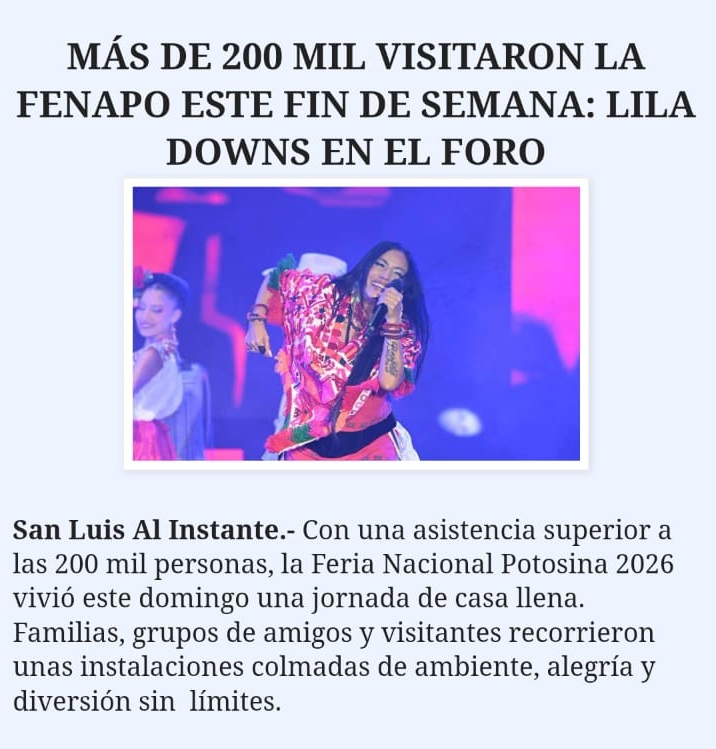 sanluisalinstan's tweet photo. Más de 200 mil visitaron la FENAPO este fin de semana: Lila Downs en El Foro
Más información en el siguiente enlace:
https://t.co/S6t5e9zkSq
#SLP #SanLuisPotosí #CapitalSLP #FENAPO #FENAPO2026 #ElCambioQueSeVive #PotosíSinLímites @RGC_Mx @GobEdoSLP @FenapoOficial https://t.co/Va7dWBKkkQ