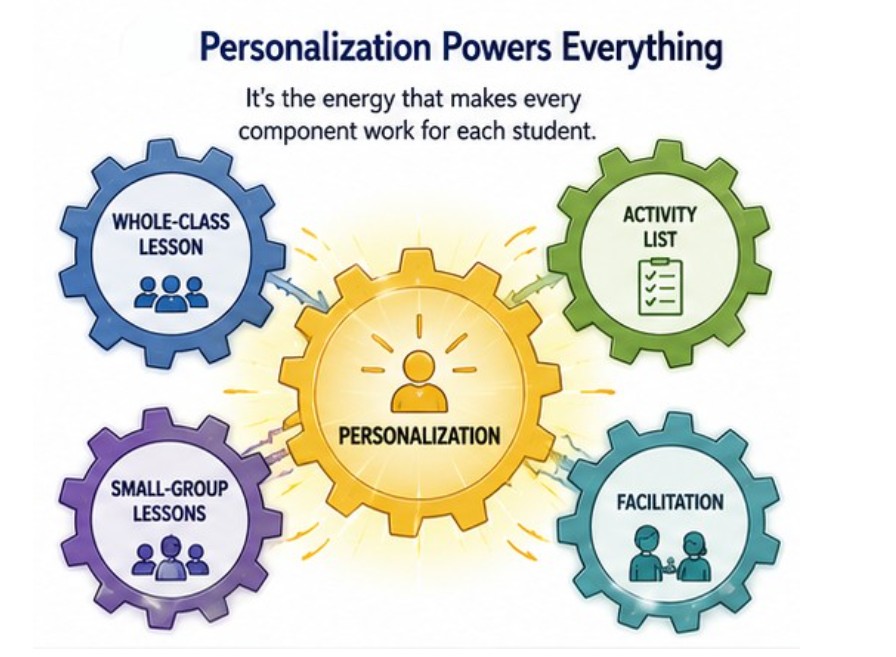 IDECorp's tweet photo. Elevated Tier 1 instruction is really four pieces working together: short whole-class lessons to spark curiosity, a differentiated activity list where the real learning happens, small-group mini-lessons for targeted support, and strong teacher facilitation: https://t.co/eo7bIdZf0Q