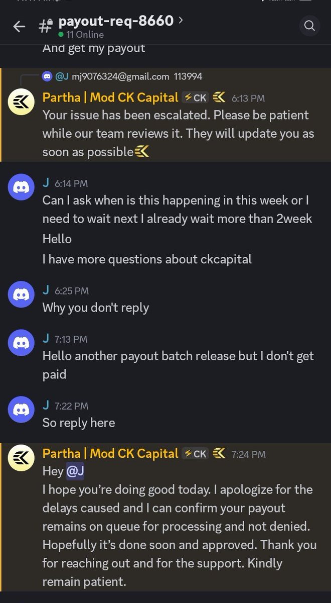 mjtrader_'s tweet photo. @wannabechamp @ckcapitaluk_ you guys need to see my payout issue. It’s been 13 business days with no payout or email. Support keep says it’s still under review despite the 10-business-day timeframe. Kindly check my case. https://t.co/TOq2UMF4zv