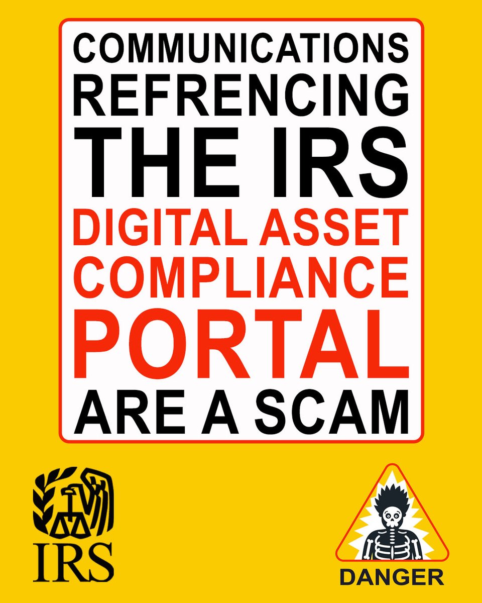 IRStaxsecurity's tweet photo. Stay alert and protect your information, especially in response to unsolicited messages. An #IRS impersonating scam currently requires users to enroll in a bogus "Digital Asset Compliance Portal." Don’t fall for it – learn about tax scams at https://t.co/SUyzJgBvOf https://t.co/bEoqz42VP6