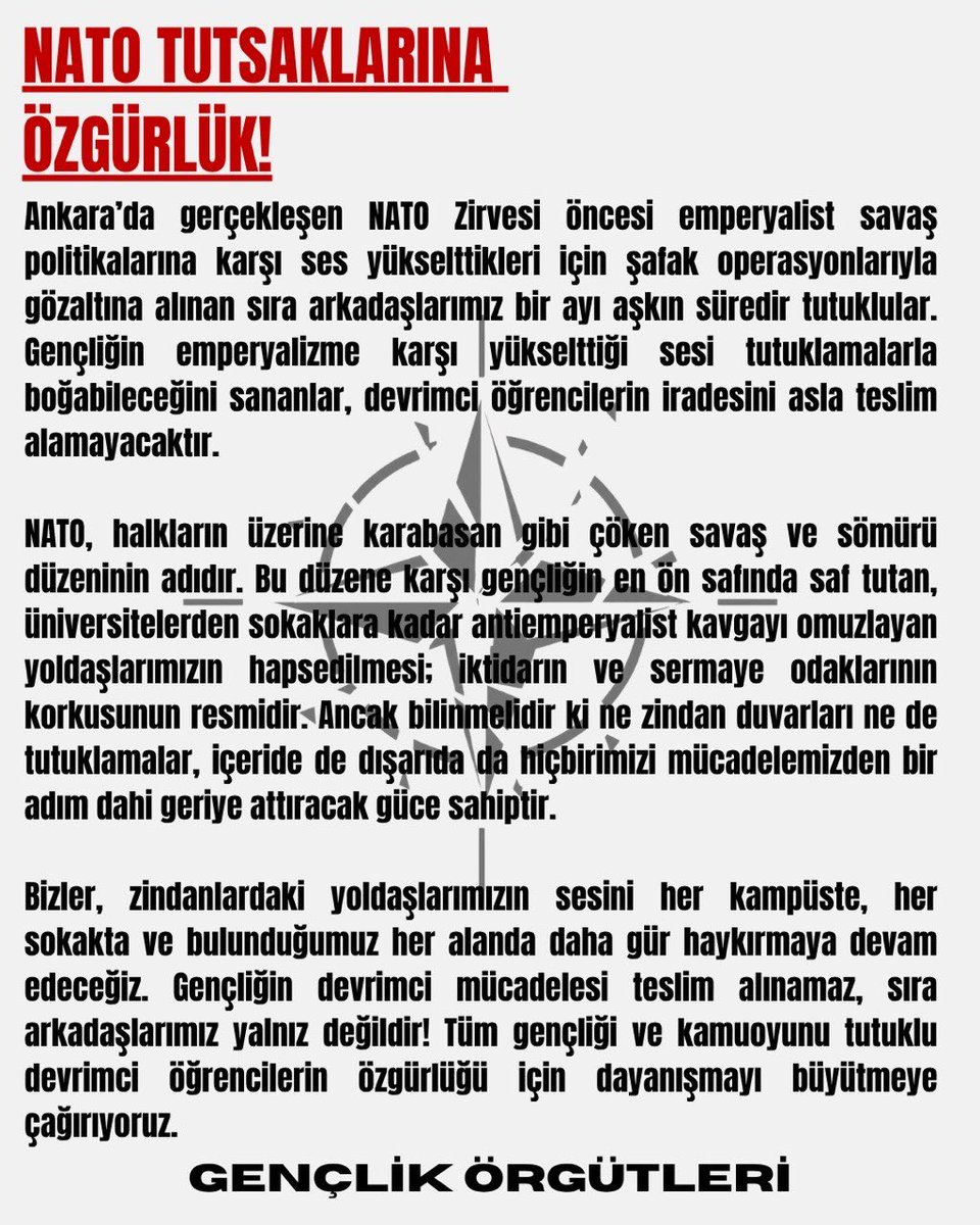arkadaspostasi8's tweet photo. NATO zirvesi öncesinde yapılan ev baskınlarıyla tutuklanan Ankara Üniversiteli onlarca sıra arkadaşımız hala tutuklu.

Tutuklu sıra arkadaşlarımız serbest bırakılsın!

#NatoTutsaklarınaÖzgürlük https://t.co/Y5O1OlrSUk