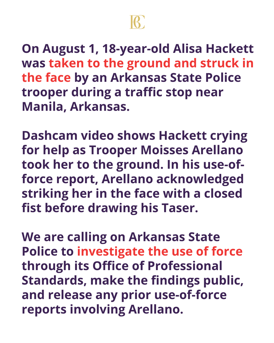 AttorneyCrump's tweet photo. An Arkansas State Police trooper slammed 18-year-old Alisa to the ground and punched her in the face. He wrote it down himself: a closed-fist strike because she would not roll onto her stomach.  

Alisa asked what she had done, and the video shows what happened after she asked. This young woman is planning to enlist in the U.S. Navy and instead of preparing for the next chapter of her life, she is now dealing with the aftermath of this encounter.   

Arkansas State Police must explain to the public how this level of force was a reasonable response to a teenager during a traffic stop. If an officer cannot handle an 18-year-old girl without taking her to the ground, cursing at her, and punching her in the face, then we have a serious problem.