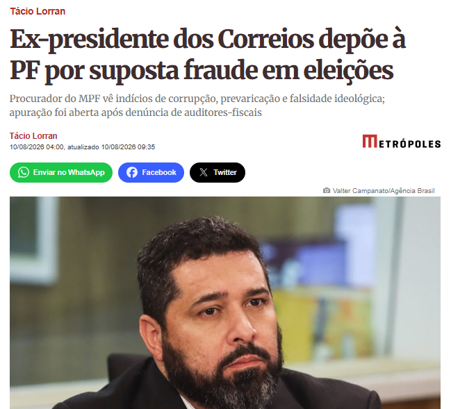 marinahelenabr's tweet photo. E isso aqui?

A suspeita é que Fabiano Silva, vulgo “churrasqueiro do Lula” e então presidente dos Correios, tenha atendido ao pedido do presidente do Sindifisco para que cartas da eleição interna do sindicato que chegaram sem carimbo recebessem um novo em Brasília, potencialmente regularizando votos que seriam inválidos.

Governo Lula, estatal, companheiro do grupo Prerrogativas e cacique sindical na mesma história...

O que a gente deveria esperar, não é mesmo?