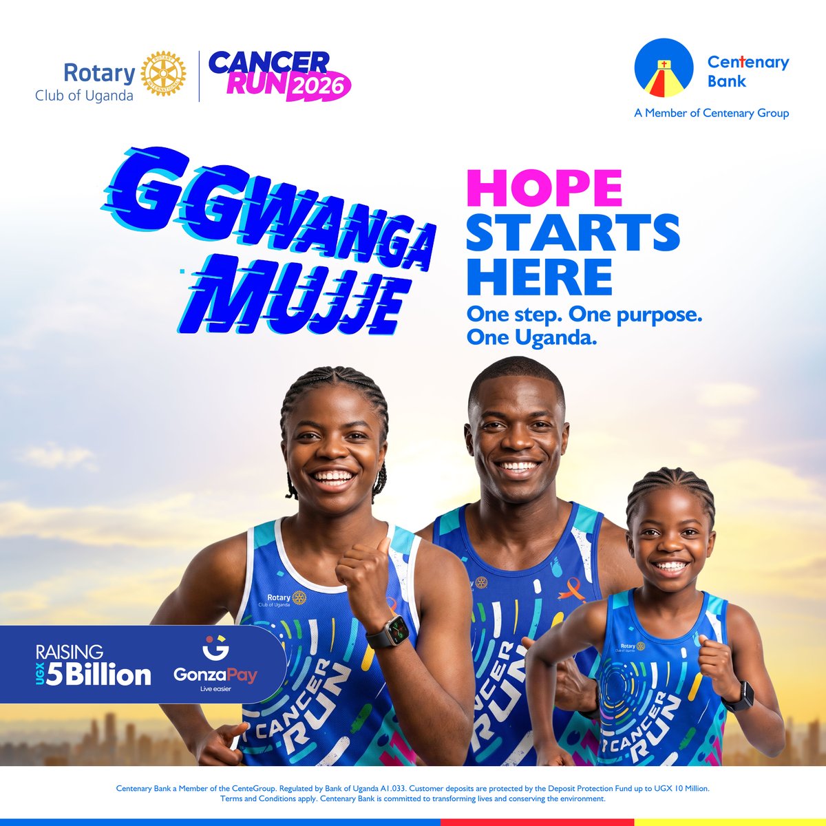 CentenaryBank's tweet photo. The journey to transforming cancer care begins with a single step. This year, the Rotary Cancer Run is rallying individuals, families, businesses and communities across Uganda to raise UGX 5 billion towards a Linear Accelerator (LINAC) at St. Francis Hospital Nsambya. Every registration is more than a race entry—it's an investment in hope, healing and a healthier future for thousands of Ugandans. 

Join the movement today by downloading and registering through GonzaPay https://t.co/pUBMug7pSn , or dial *211*3# and follow the prompts, or visiting your nearest Centenary Bank branch. 

#GgwangaMujje #CentenaryBank