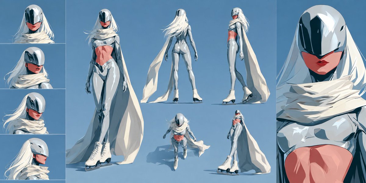 aimikoda's tweet photo. GPT Image 2 Character Sheet Prompt

A lot of people have been asking for this character sheet prompt, so I'm sharing it here. I've actually shared it under a few of my previous posts before but it seems like most people missed it.

It works from a reference image you provide and I originally designed it specifically to preserve the visual style of referenced Midjourney images as closely as possible.

You can change the aspect ratio however you like. Also it would work with Seedream 5 and other image models.

Prompt:
Create a 2:1 premium cinematic CHARACTER IDENTITY BOARD using Image A as the sole character and style reference.

Match Image A exactly: same identity, proportions, hairstyle, outfit, colors, visual medium, linework, shading and texture. Do not redesign or reinterpret. Correct obvious anatomy or generation errors like hands without changing the intended design. without sword and yellow dots.

REFERENCE LOOK LOCK
First analyze Image A and establish a strict visual identity lock from all observable character traits, proportions, design details and stylistic rules. Apply this locked identity consistently across every angle, pose and expression. Nothing may drift, relocate, disappear, duplicate or be invented; only perspective-dependent visibility may change.

COMPOSITION
Use a clean minimal background color chosen to contrast clearly and elegantly with the character’s palette. Avoid grids, blueprints and standard turnaround-sheet design. Never overlap or crop the studies.

RIGHT 25%: HERO PORTRAIT
The rightmost 25% must be a full-height, edge-to-edge close-up portrait completely filling that area with no margins or empty space. Match Image A’s identity, art style, lighting, colors and background treatment exactly. Keep the face and defining head silhouette clearly readable. Place no text or other studies over it.

LEFT 10%: EXPRESSIONS
Reserve the leftmost 10% for exactly four expression portraits. Place the four clearly separated expression portraits vertically.

Give each portrait a strong, distinctly different emotion and head direction: front-facing, left three-quarter, right three-quarter and side profile. The gaze should naturally follow each head angle. Do not repeat the same angle or expression. Preserve the exact same facial identity, proportions, features and art style in all four portraits.

CENTER 65%: BODY STUDIES
Use the central 65% for:

- one large off-center hero full-body pose, facing directly toward the viewer with the head straight, eyes clearly visible and the face sharp, unobstructed and easy to recognize
- back full-body view in a different pose
- side full-body view in a different pose
- one top-down body angle
- one low-angle body angle

Keep all views fully visible, clearly separated and consistent with the locked reference identity.

No text, arrows, labels, handwritten notes, annotation marks, silhouettes, detail studies, seated poses, leaning poses, crouching poses, environments, extra characters, alternate costumes, logos, watermarks, style drift, malformed anatomy, inconsistent features, duplicated details, obscured faces or overlapping figures.