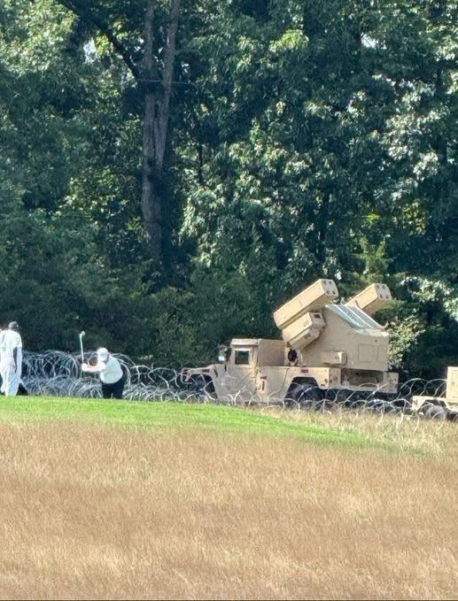 Gianl1974's tweet photo. TERRIFIED FOR HIS LIFE: Donald Trump was spotted golfing at Bedminster this weekend flanked by an AN/TWQ-1 Avenger short-range air defense system, an unusual sight alongside the president’s golf course.

The added security comes after F-16 fighter jets intercepted non-threatening civilian aircraft that violated the temporary no-fly zone around Bedminster yesterday.

Trump kept golfing as the air defense system stood nearby.