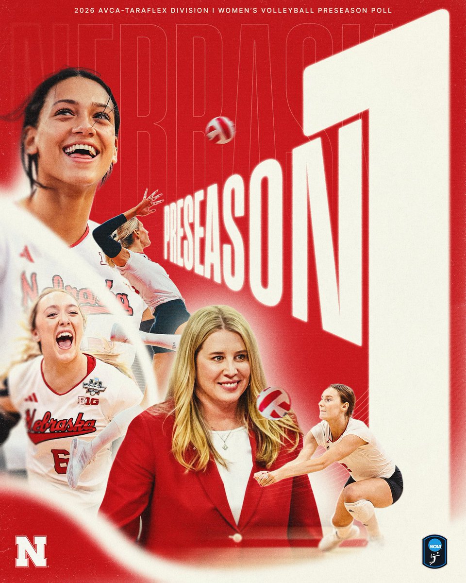 NCAAVolleyball's tweet photo. PRESEASON NO. 1️⃣: @HuskerVB 🌽

This is the ninth @AVCAVolleyball Preseason No. 1 ranking for Nebraska, which is the most of any school!

#NCAAWVB https://t.co/HzjA750zY2