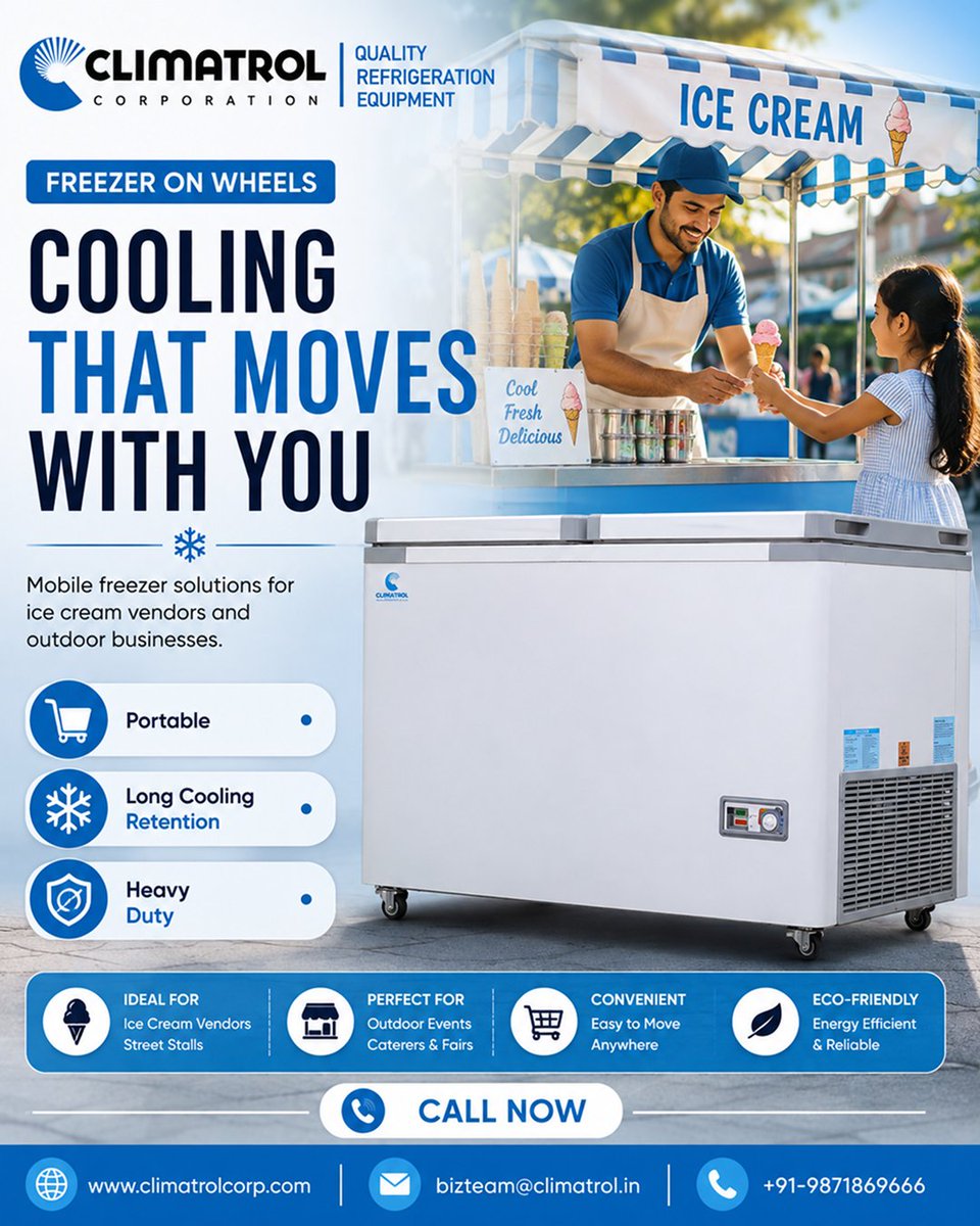 Climatrol_in's tweet photo. Take your frozen products wherever your business goes with Climatrol Freezers on Wheels—designed for mobility, long cooling retention, and dependable performance.

📞 +91-9871869666
📧 bizteam@climatrol.in
🌐 https://t.co/Q1IfMd7VZn\

#Climatrol #FreezerOnWheels #MobileFreezer https://t.co/jdklRD1UFa