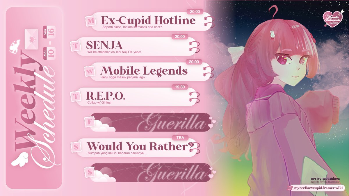 myrcellaXcupid's tweet photo. Here is my hashtags!

General #MyrcellaExCupid
Live #CallMyrCella
Fanart #MyrcellArt
Clips #CupidClips
Meme #MemeCella

Oshi Mark 🏹💘
Famname #Milafs

Ceritain curhatan kalian ke:
https://t.co/JTsfuvfXIS

Weekly Schedule! https://t.co/gztqUiR6Ao