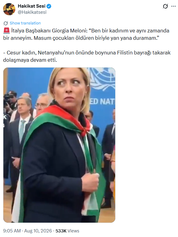 malumatfurusorg's tweet photo. İtalya Başbakanı Giorgia Meloni'nin Birleşmiş Milletler toplantısında İsrail Başbakanı Binyamin Netanyahu’nun önünde boynuna Filistin bayrağı takarak dolaştığı uydurularak paylaşılan video yapay zekâ ürünü. https://t.co/4VFJMA5OfJ