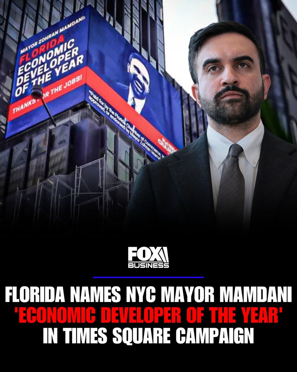 FoxBusiness's tweet photo. Florida is taking its rivalry with New York straight to Times Square.

A massive new billboard in the heart of Manhattan has a message for NYC Mayor Zohran Mamdani: “Thanks for the jobs!”

The Florida Chamber of Commerce named Mamdani its “Economic Developer of the Year,” saying New York’s progressive tax policies are helping push businesses, wealth and residents toward the Sunshine State.

The Chamber says the campaign is about more than a little trolling — it’s meant to make a broader case for lower taxes and free enterprise as Florida continues to attract people and businesses from high-tax states.

And they picked one of New York City’s busiest corners to make sure the message gets noticed.