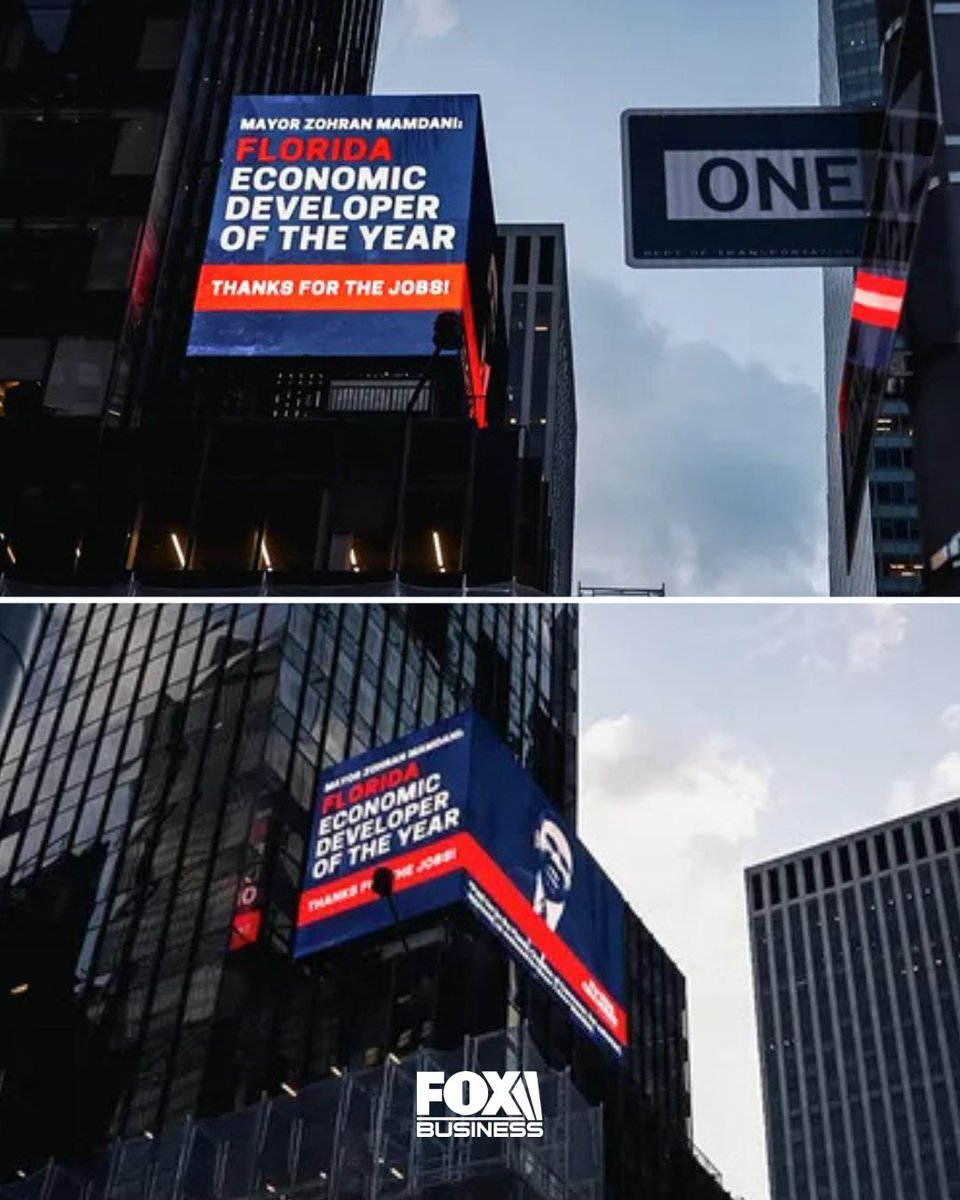 FoxBusiness's tweet photo. Florida is taking its rivalry with New York straight to Times Square.

A massive new billboard in the heart of Manhattan has a message for NYC Mayor Zohran Mamdani: “Thanks for the jobs!”

The Florida Chamber of Commerce named Mamdani its “Economic Developer of the Year,” saying New York’s progressive tax policies are helping push businesses, wealth and residents toward the Sunshine State.

The Chamber says the campaign is about more than a little trolling — it’s meant to make a broader case for lower taxes and free enterprise as Florida continues to attract people and businesses from high-tax states.

And they picked one of New York City’s busiest corners to make sure the message gets noticed.
