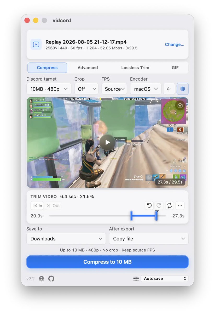 cyrozfn's tweet photo. vidcord v7.2 is here 🎉

🎚️ Per-video audio track mixer
⚡ Faster, smarter size-targeted exports
🖼️ More reliable snapshots &amp; scrubbing
✨ Cleaner crop/FPS controls

https://t.co/JzZsOqFFtu https://t.co/sPo0pBDfRB