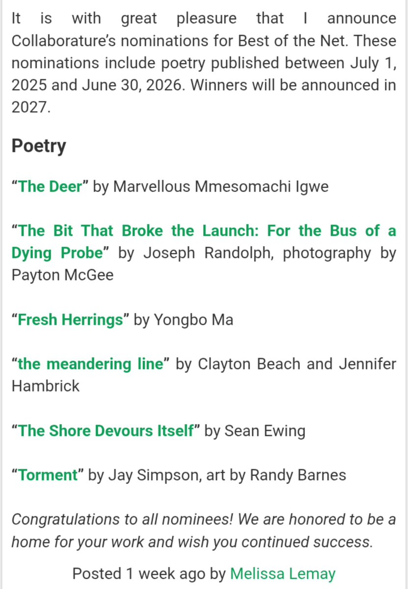 mesomaccius's tweet photo. I am pleased to announce that my poem “The Deer” has emerged as a Best of The Net nominee. This is a big win for me and I am happy that my poem has gotten this recognition. Celebrate with me. 🍷 https://t.co/mjPSdQCVnZ