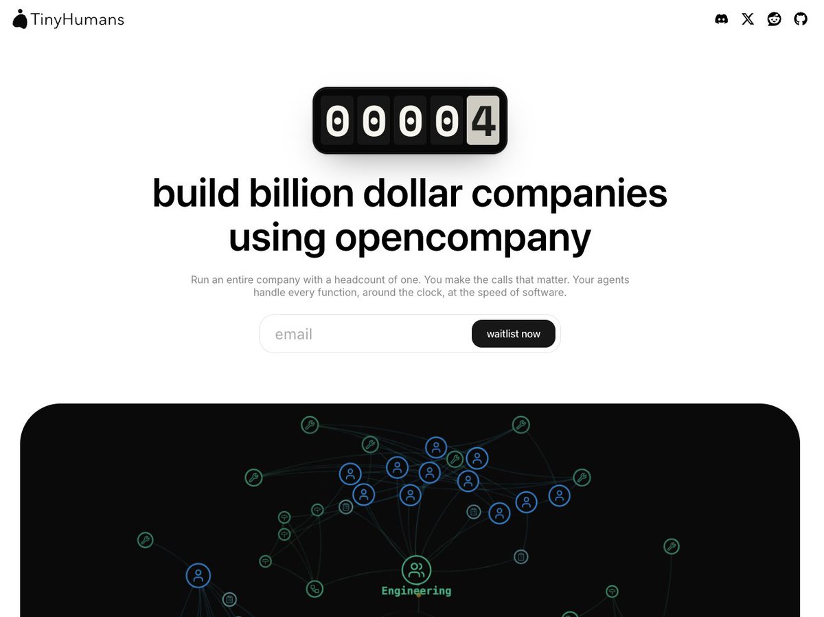 tinyhumansai's tweet photo. pumped to announce there's a waitlist now for OpenCompany (our newest product)

a lot of companies (big and small) have shown early interest in using OpenCompany to grow their businesses.

waitlist link below. comment opencompany and we'll bump up your spots. https://t.co/MM7aIIYQvr